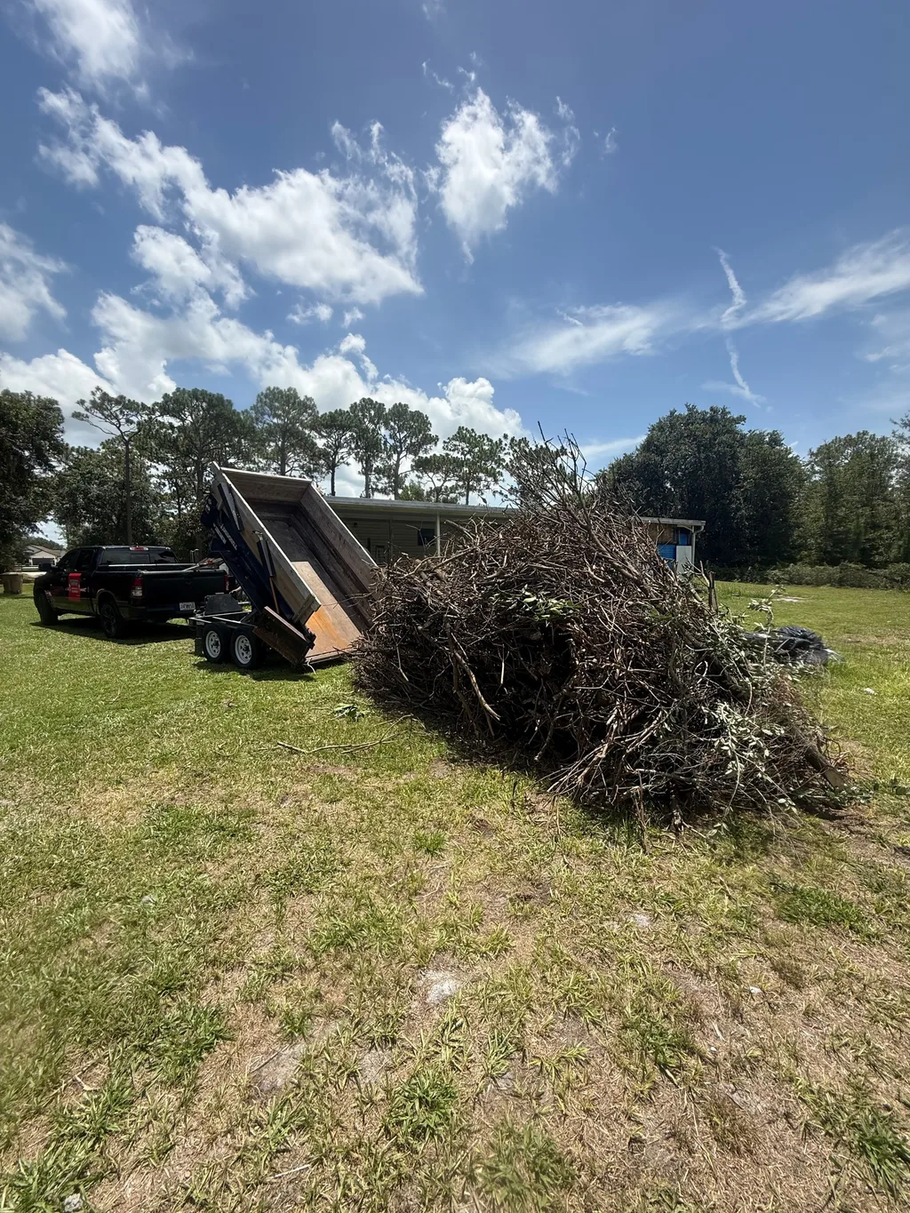 Large brush pile beside a dump trailer parked on an open lot under a blue sky
