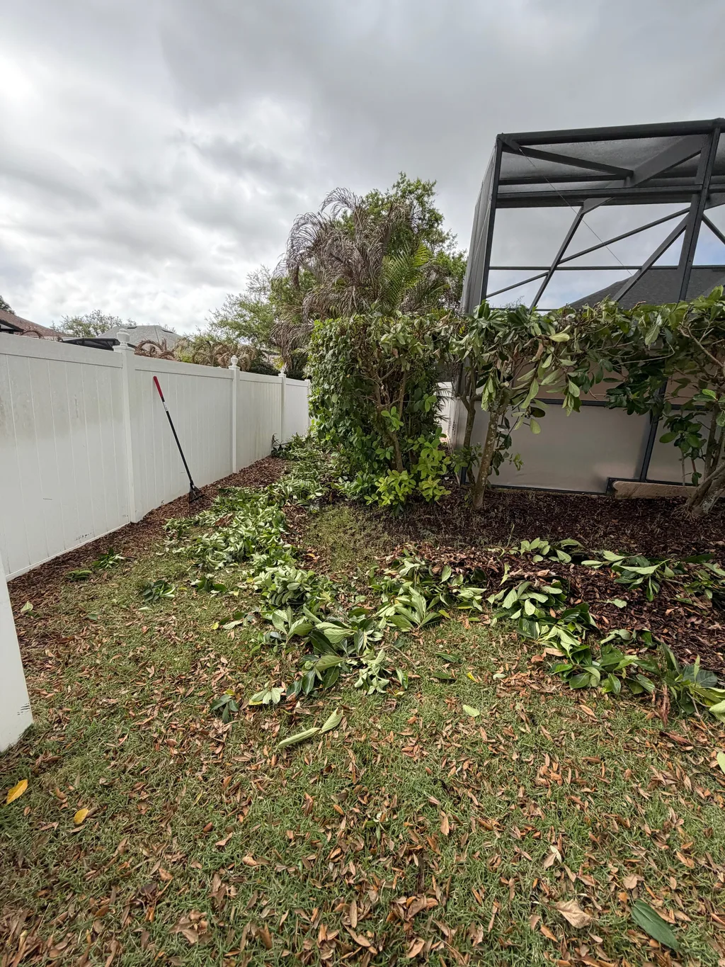 Cut branches and leaves raked across a cleared bed along a white vinyl fence