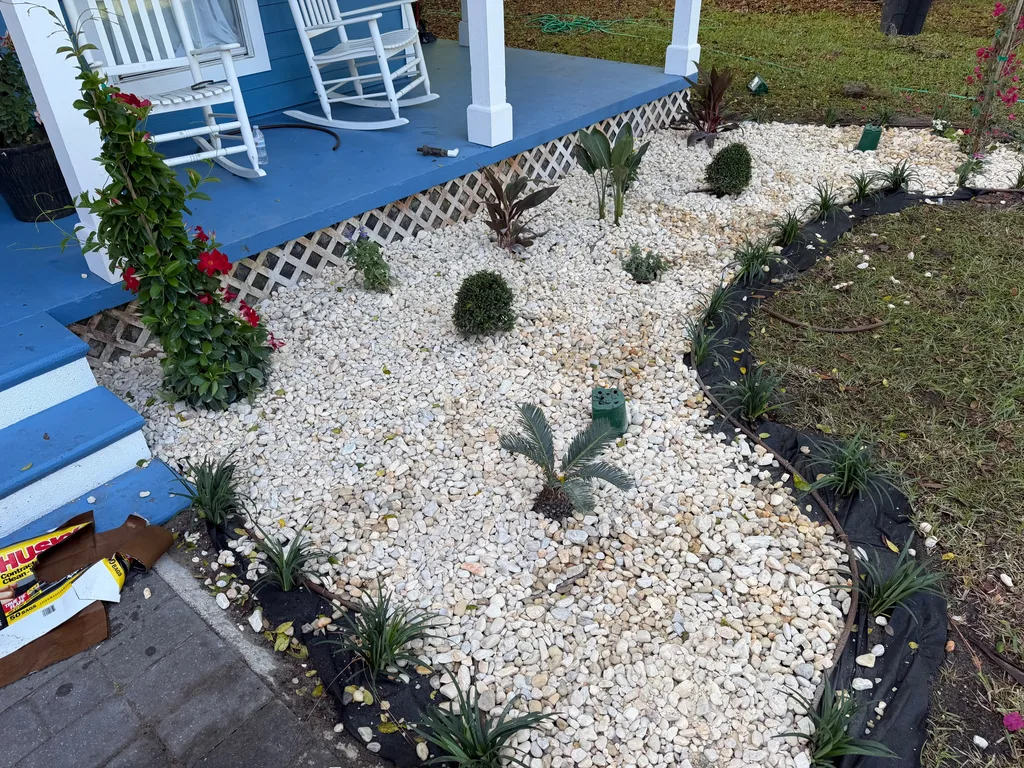 White rock bed with small palms and shrubs before a blue home with a front porch