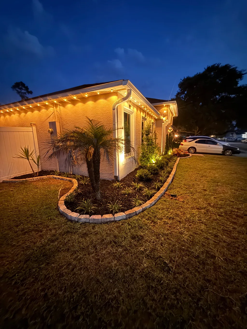 Uplit palm and curved paver border glowing beside a warmly lit stucco home at night
